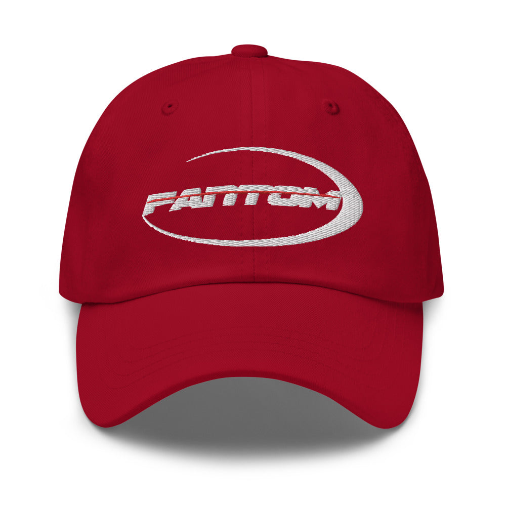 Classic dad hat for everyday wear in red with embroidered Fantom logo on the front.